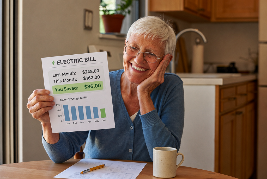 Smiling homeowner holding electric bill showing savings from $248 down to $162